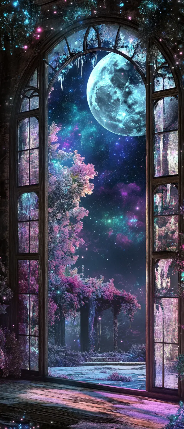 Winter garden and moon framed by a pergola window