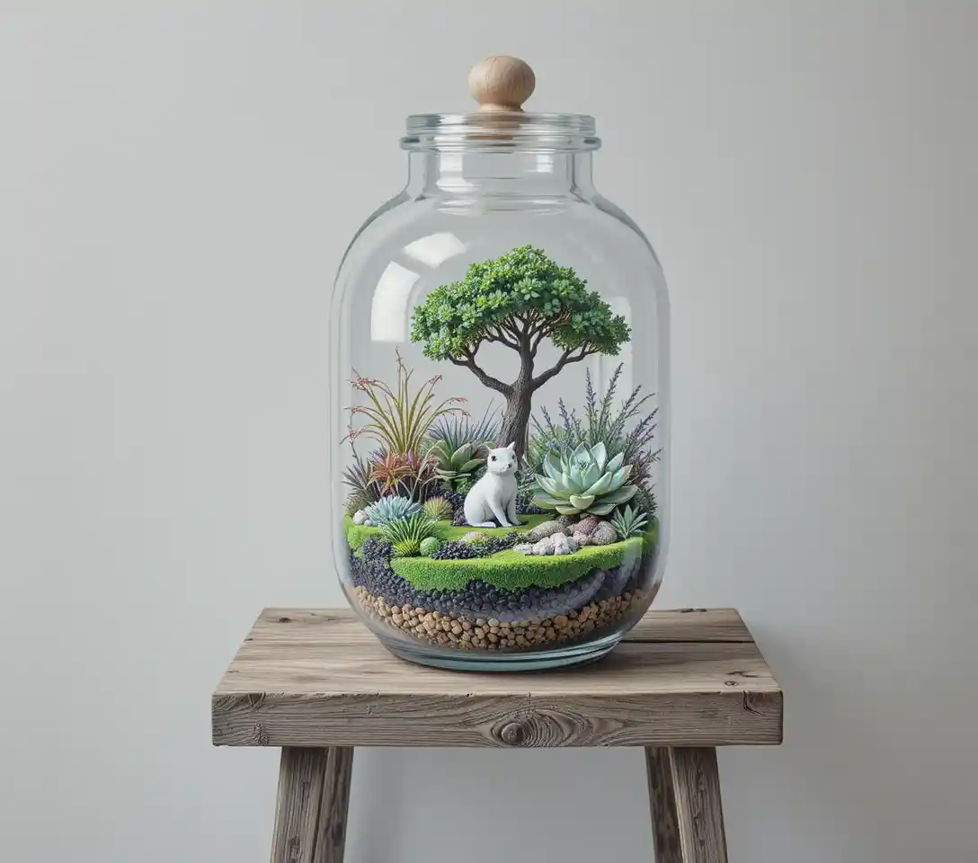 Giardino in terrario di vetro in miniatura con piante grasse e figurina bianca