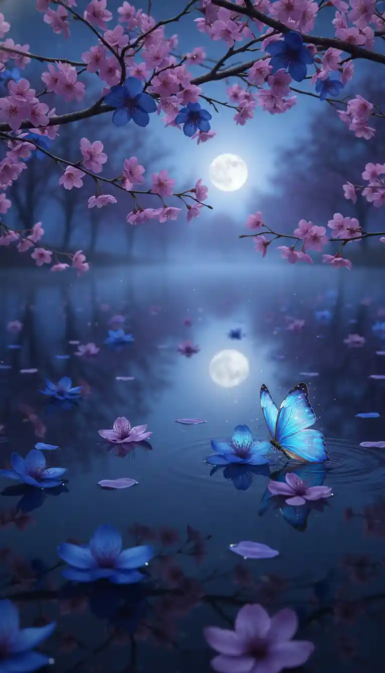 Flores a la luz de la luna y mariposa luminosa sobre agua quieta y reflejante