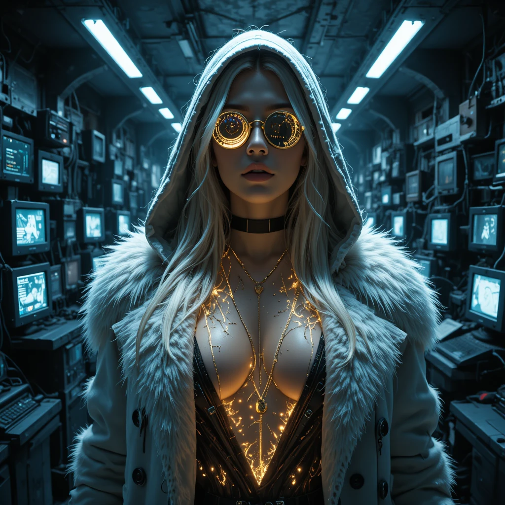 Femme fatale cyberpunk in un bunker in rovina – ritratto in primo piano