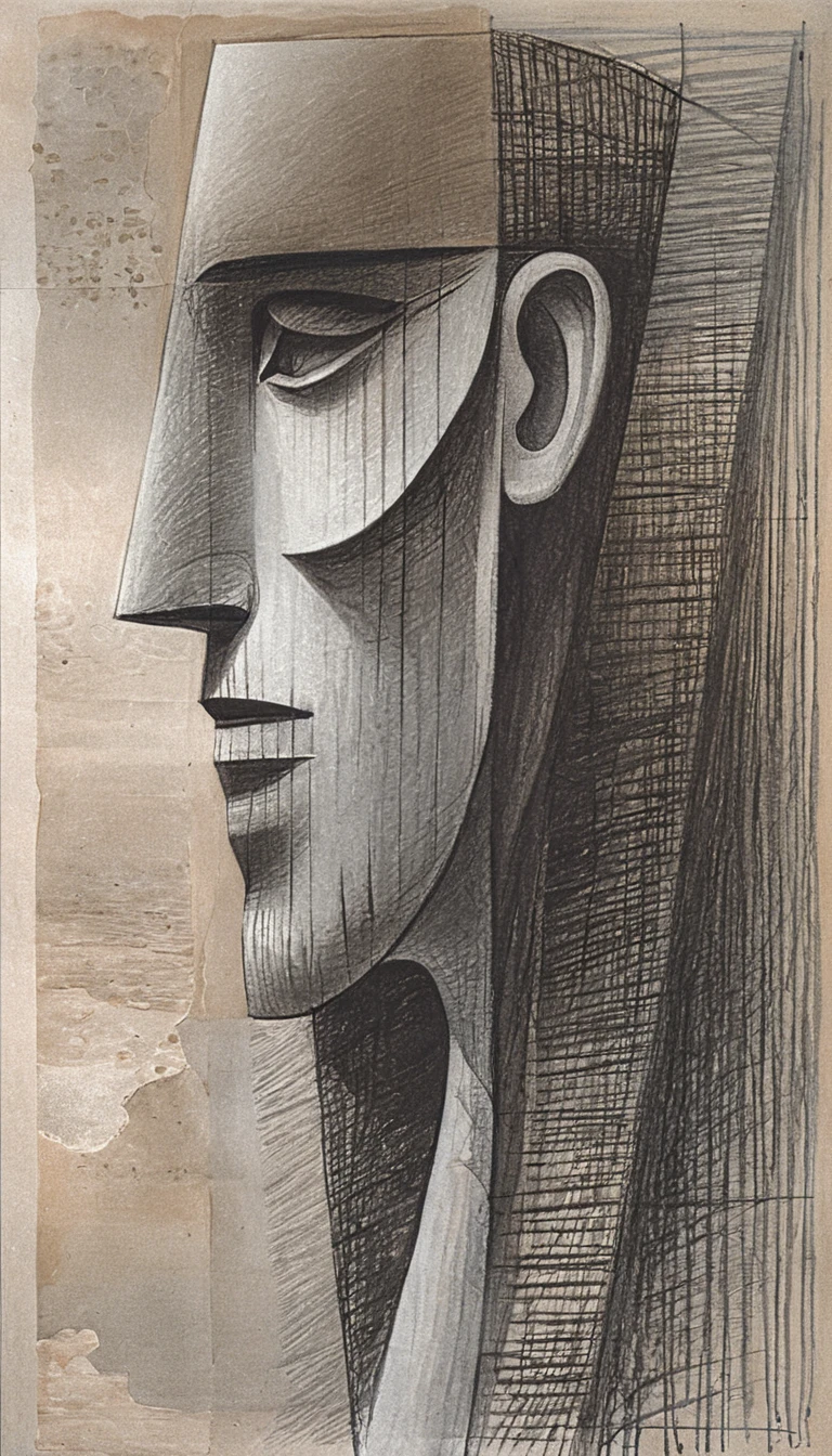 Cubist graphite profile portrait on aged architectural paper