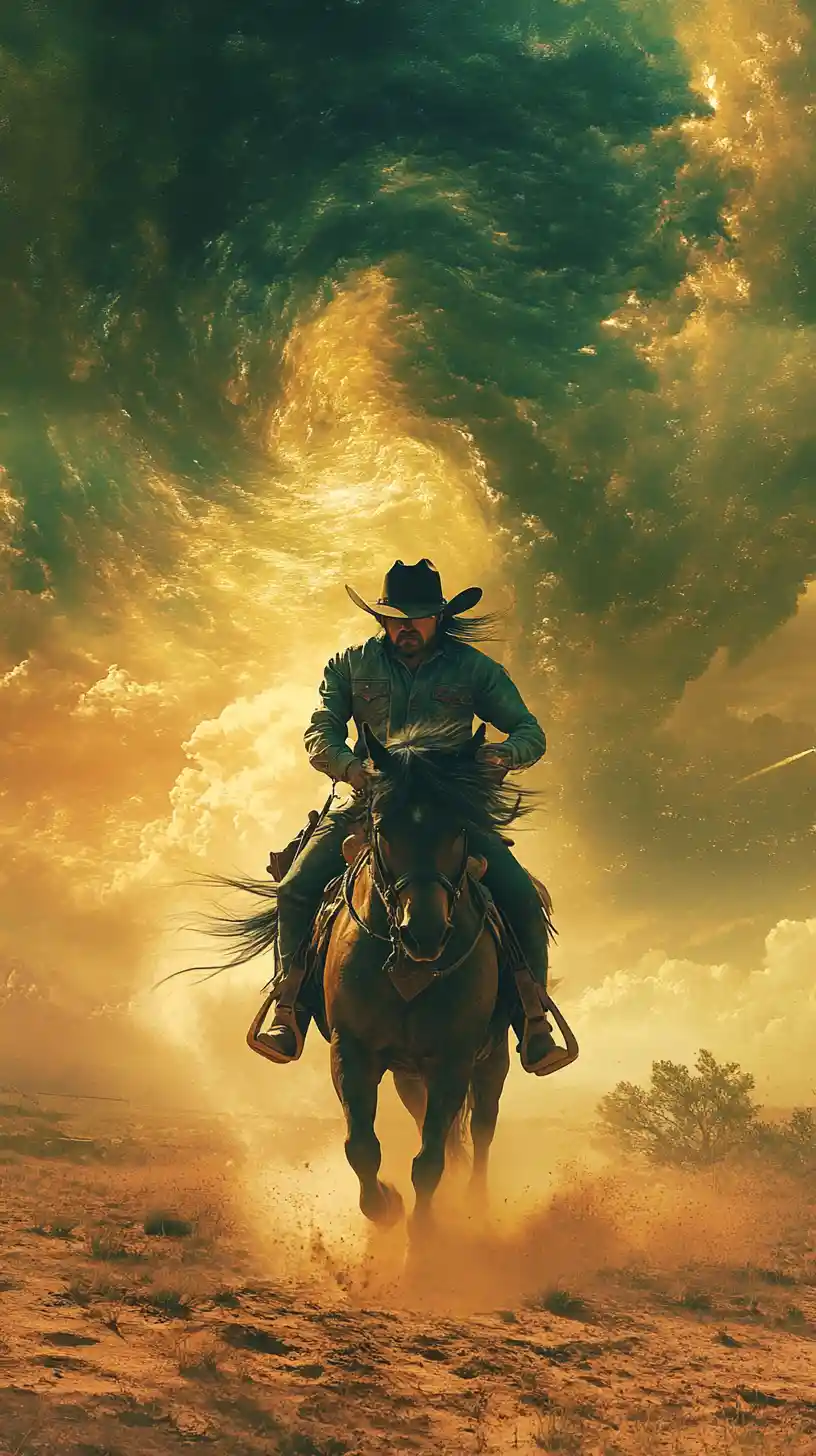 Cowboy reitet auf einem Pferd durch ein weitläufiges Wüstenpanorama