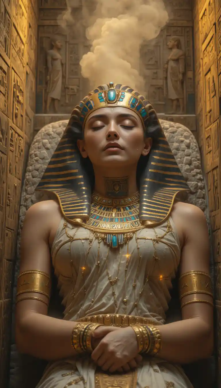 Ancient Egyptian queen resting peacefully in a golden tomb