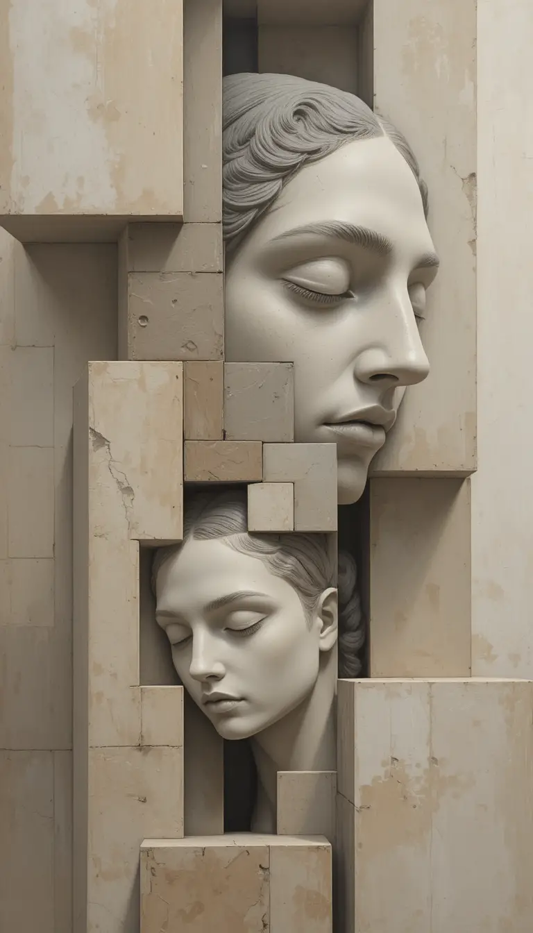 Monochrome cubist faces fused with architectural geometric forms