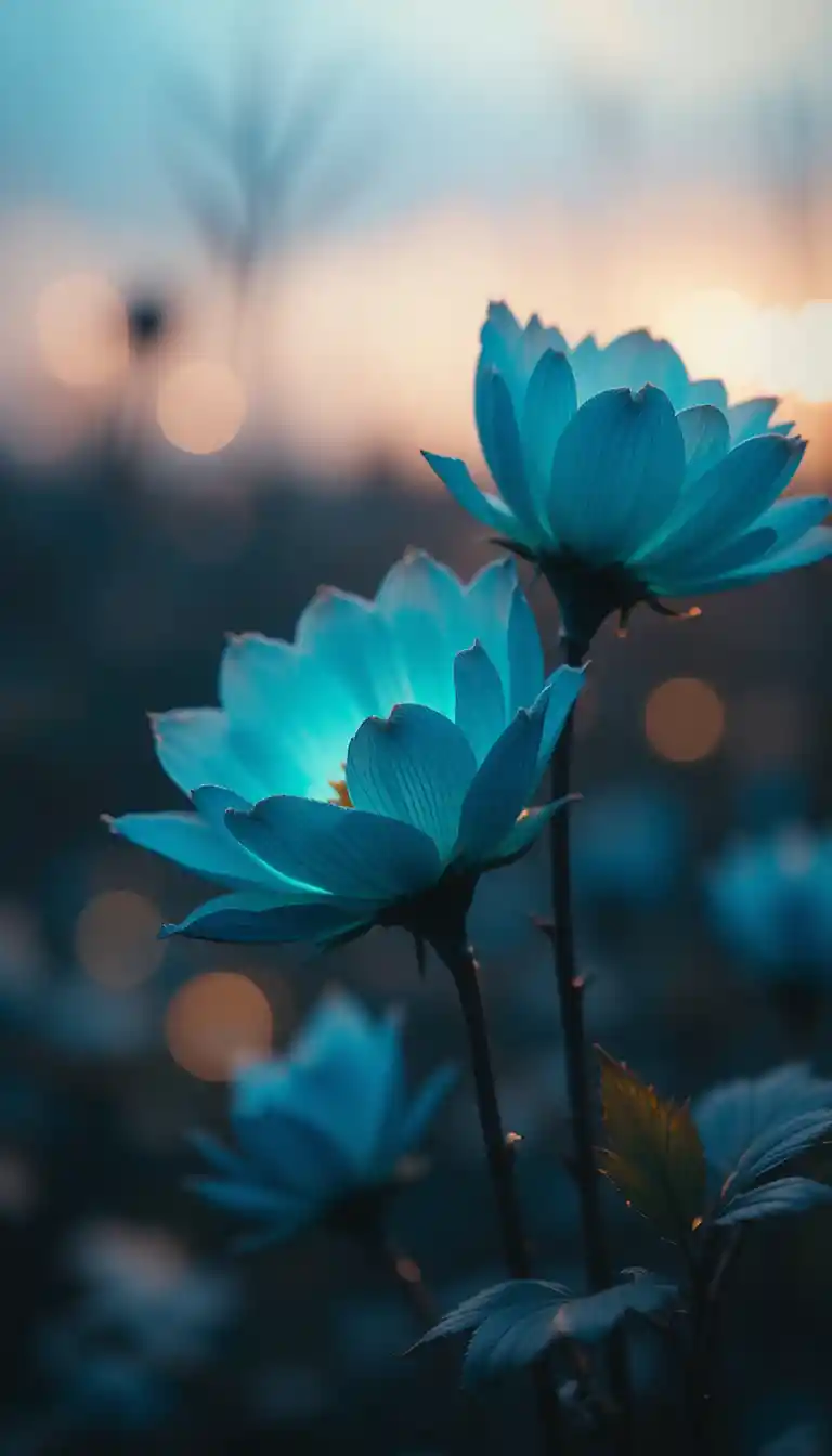 Primo piano di fiore turchese con sfondo bokeh sognante al crepuscolo