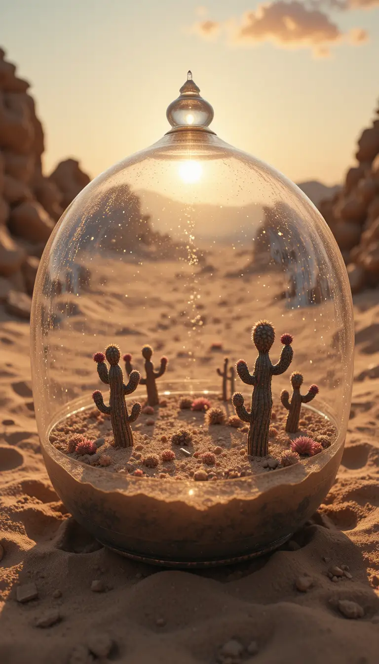 Mondo desertico in miniatura dentro di un vecchio terrario polveroso