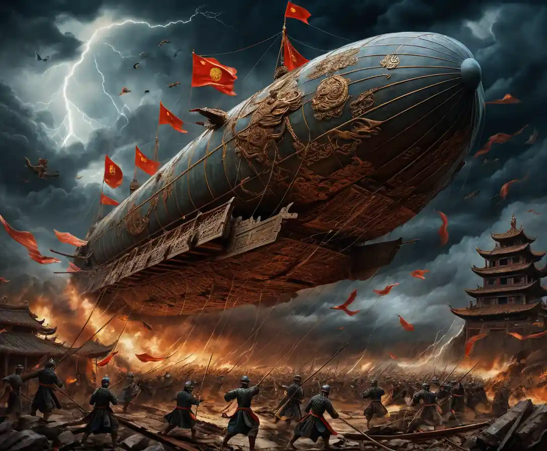 Gigantic airship battles a storm above ruined battlefield