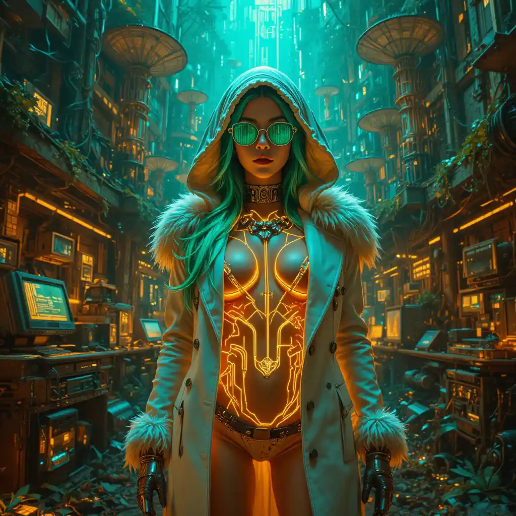 Femme fatale cyberpunk in una giungla di dati luminosa