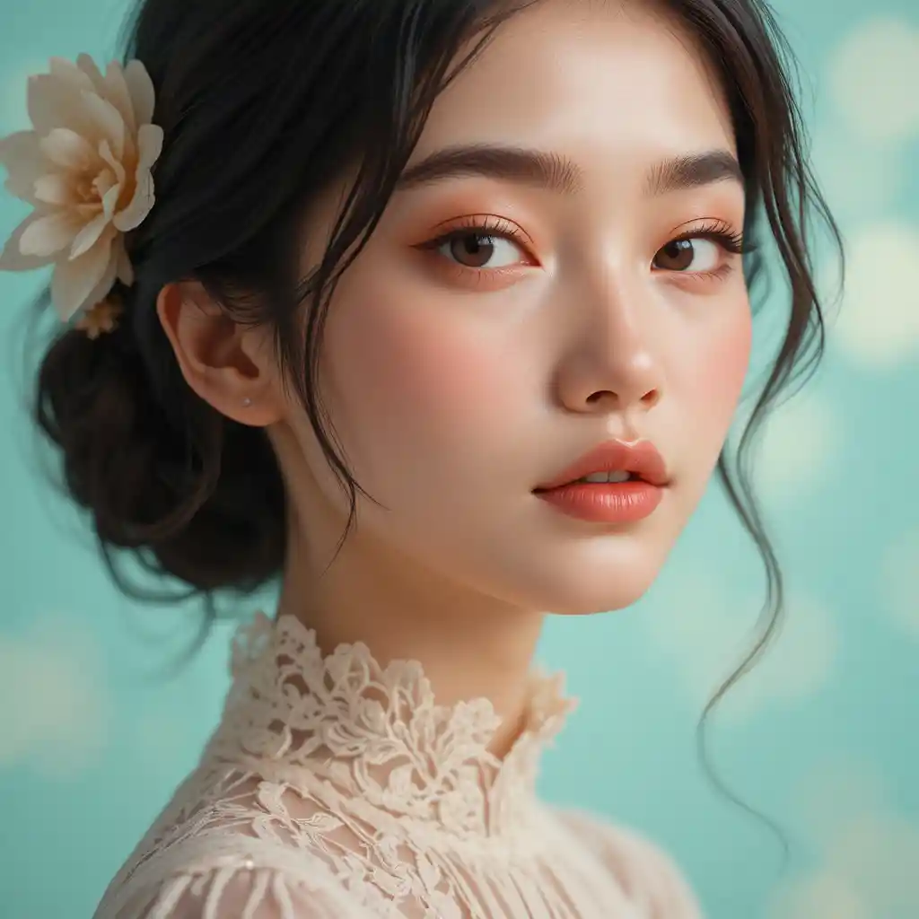 플로럴 레이스 블라우스를 입은 소녀의 부드러운 클로즈업 초상