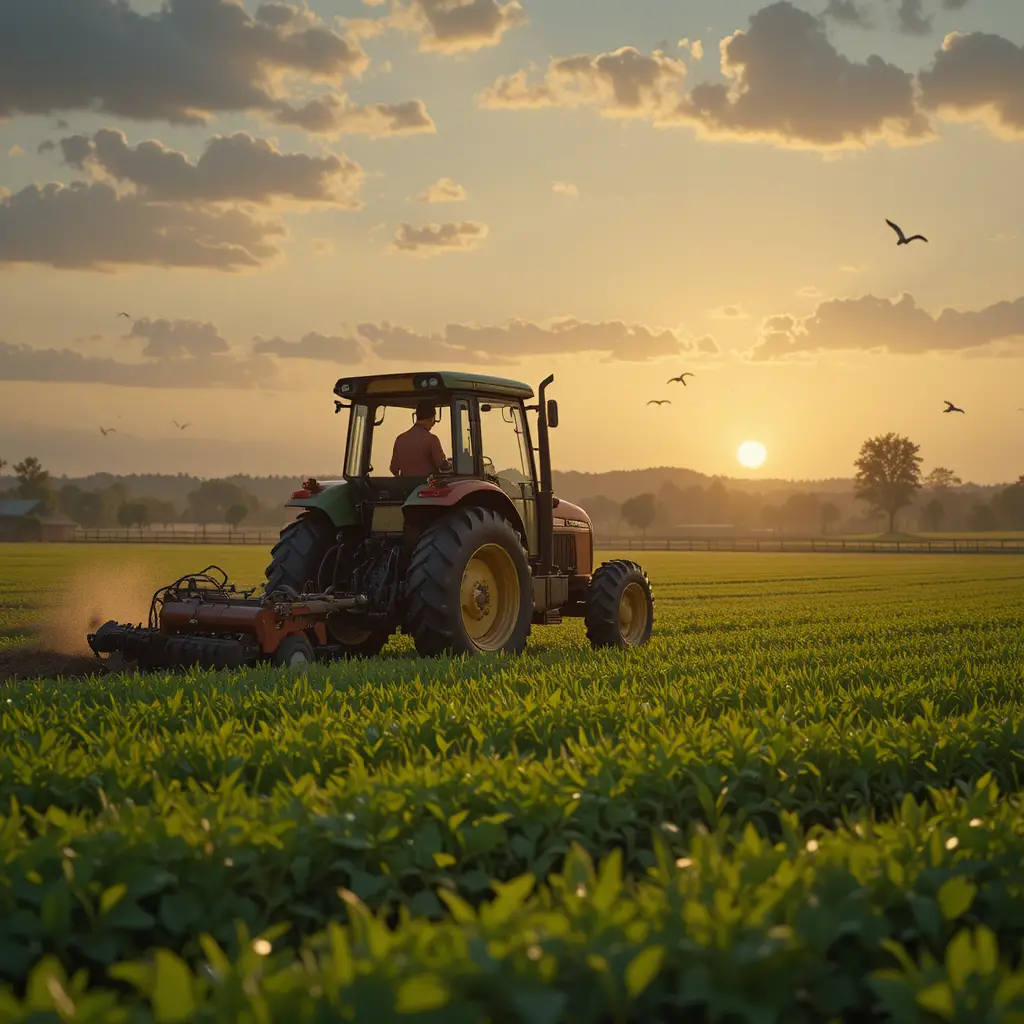 Farmer On Tractor Plowing A Green Field At Sunrise