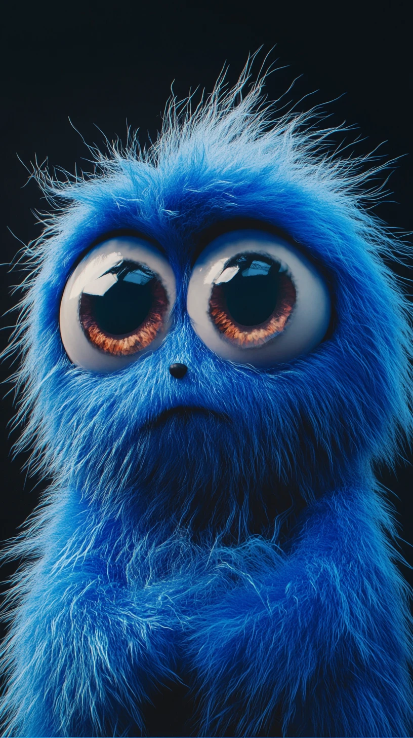 Monstruo azul esponjoso en primer plano con ojos tristes y brillantes