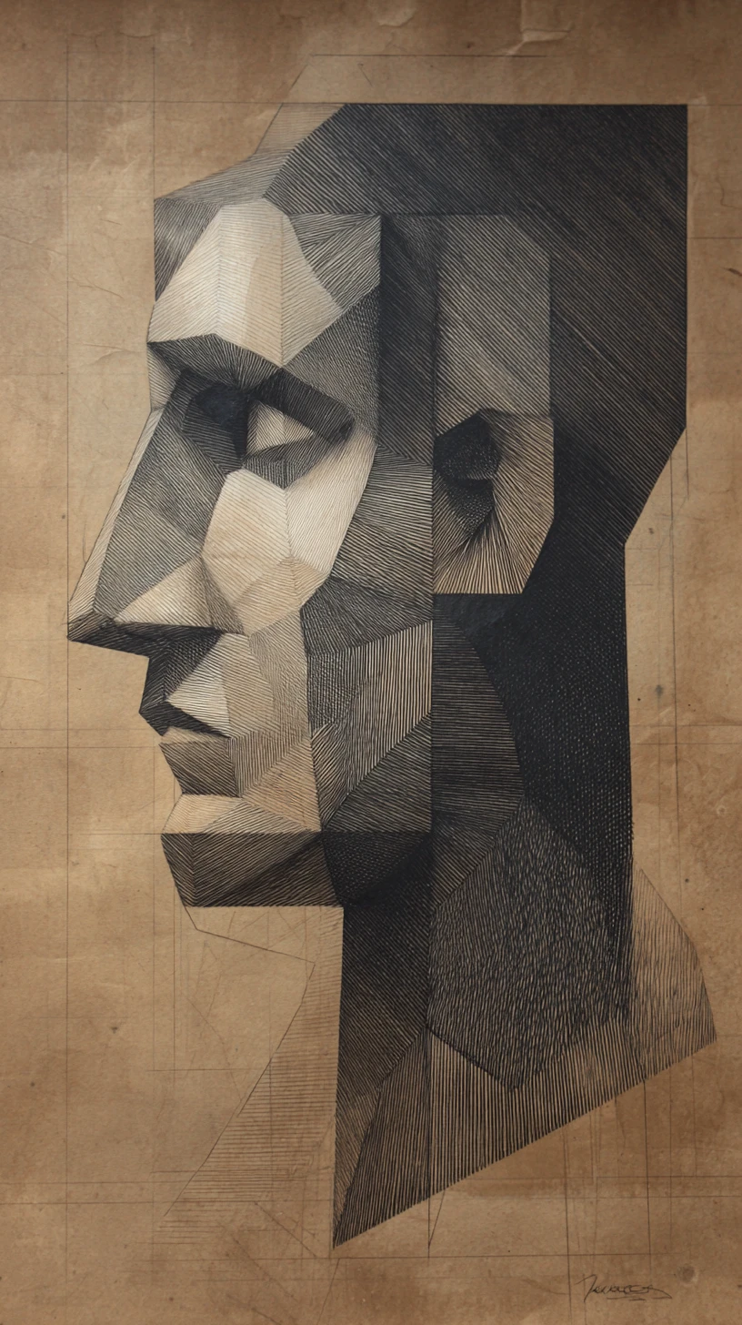 Cubist inspired graphite and charcoal geometric profile portrait