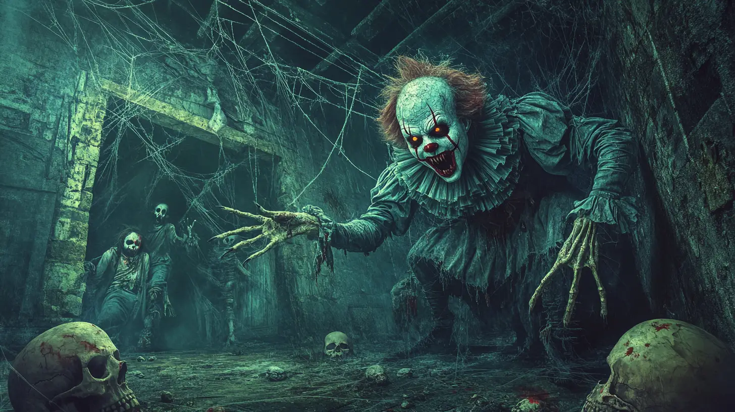 Furchteinflößender, böser Clown lauert in einem mit Spinnweben gefüllten Geisterzimmer