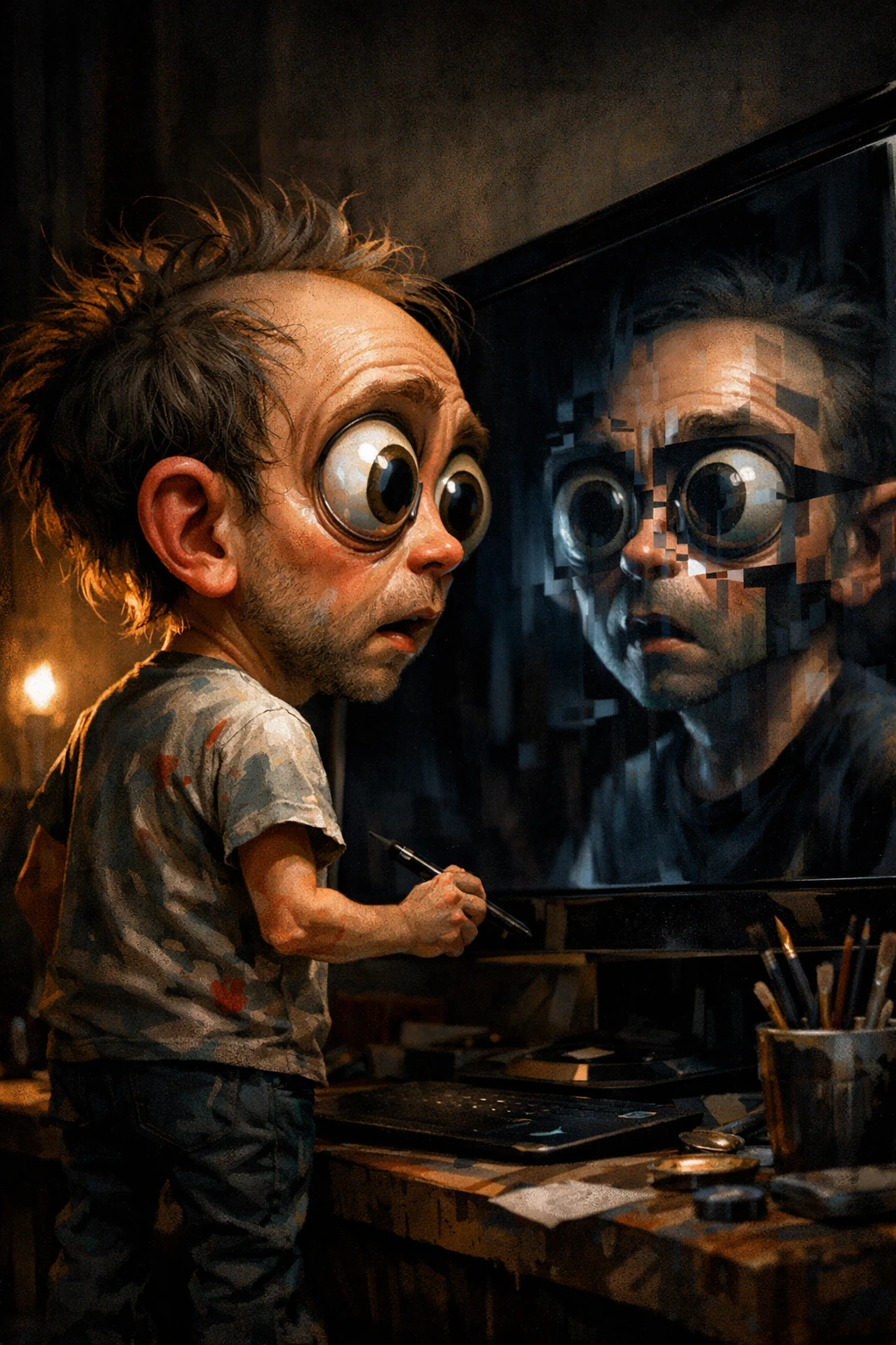 Man Confronting His Distorted Reflection In Dark Studio