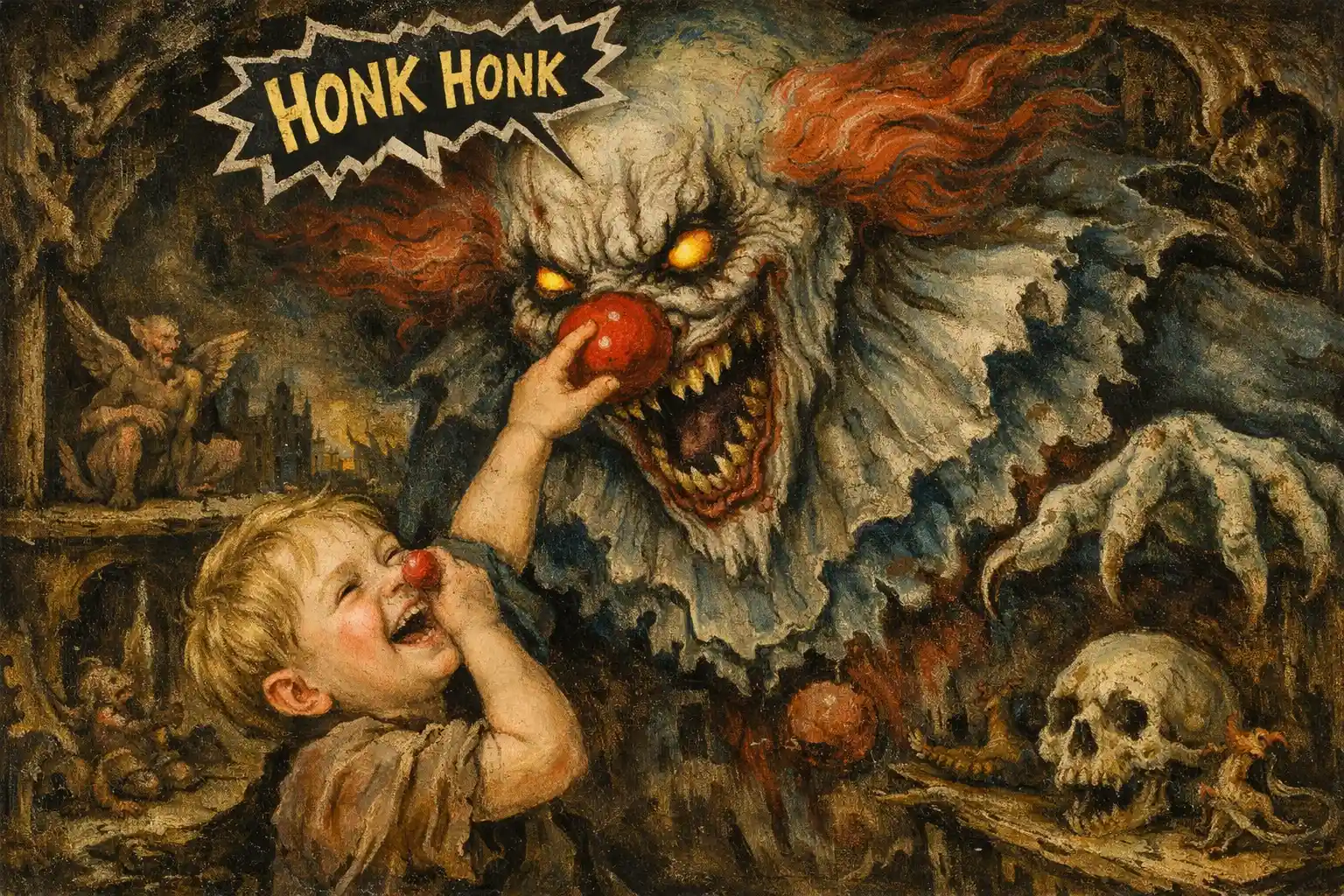 Schrecklicher Clowngeist, der über einem lachenden Kind mit hupender Nase lauert