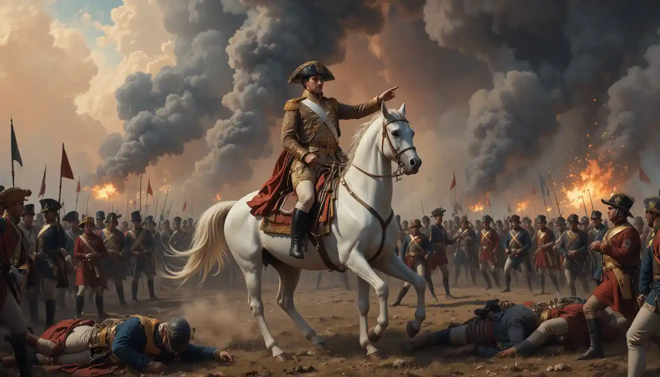 Napoleon leading a cavalry charge across a burning battlefield