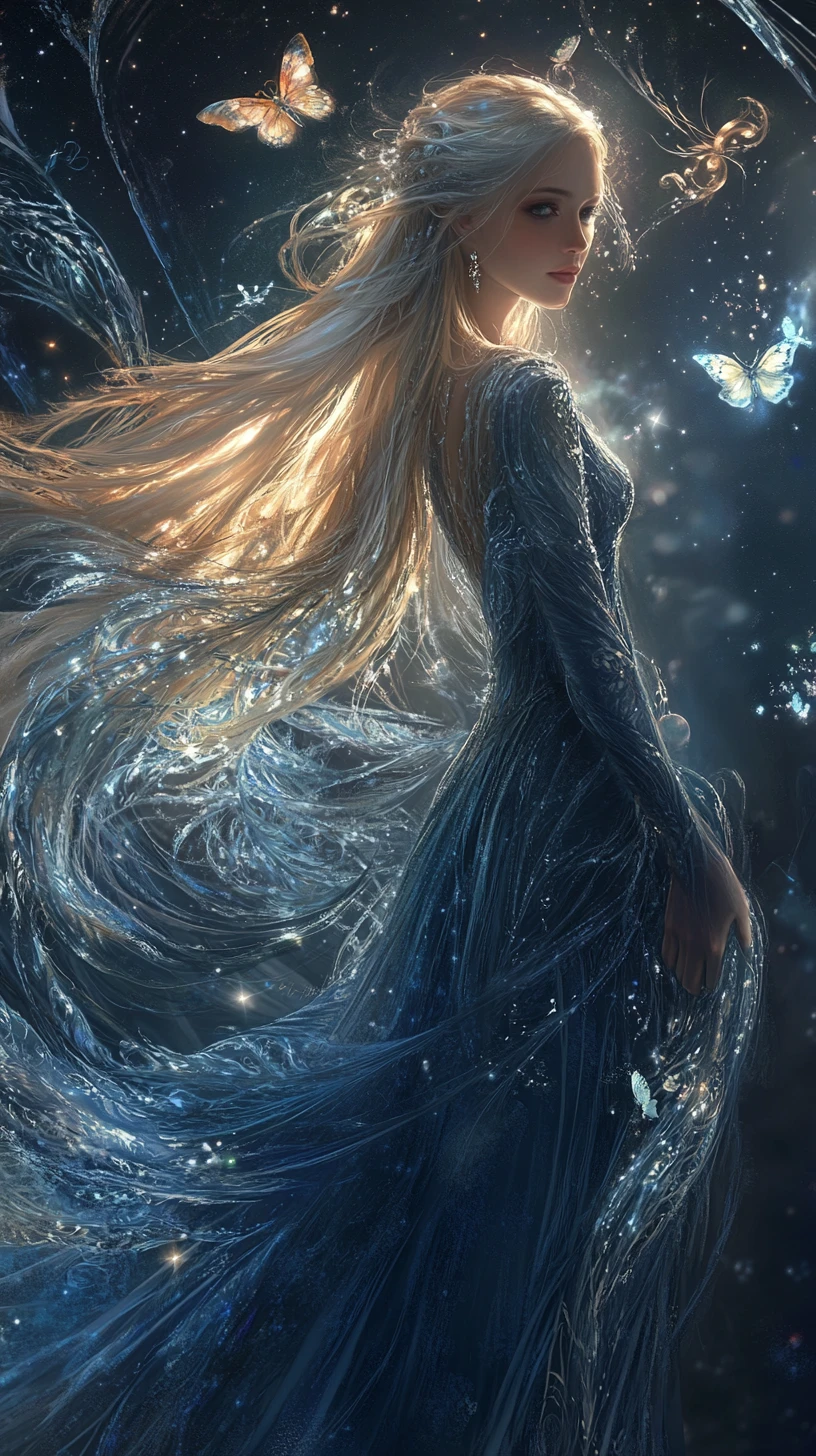 Blond woman in dark blue dress under a magical cosmos