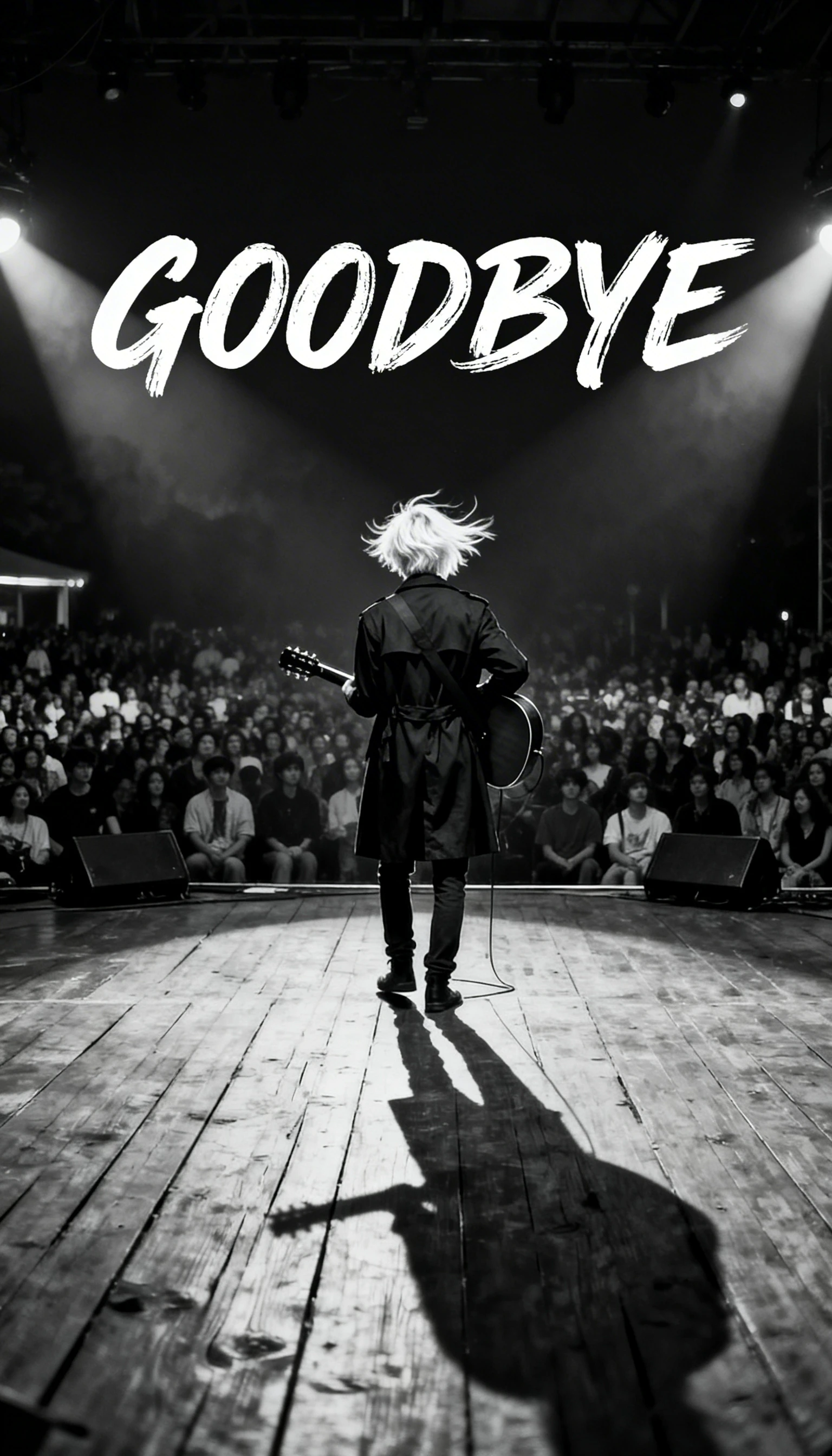 Young guitarist onstage in dramatic black and white farewell scene