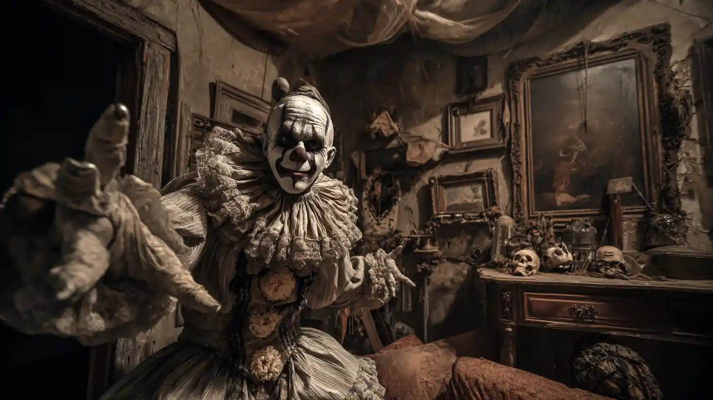 Evil rodeo clown lurking in a cobwebbed haunted room