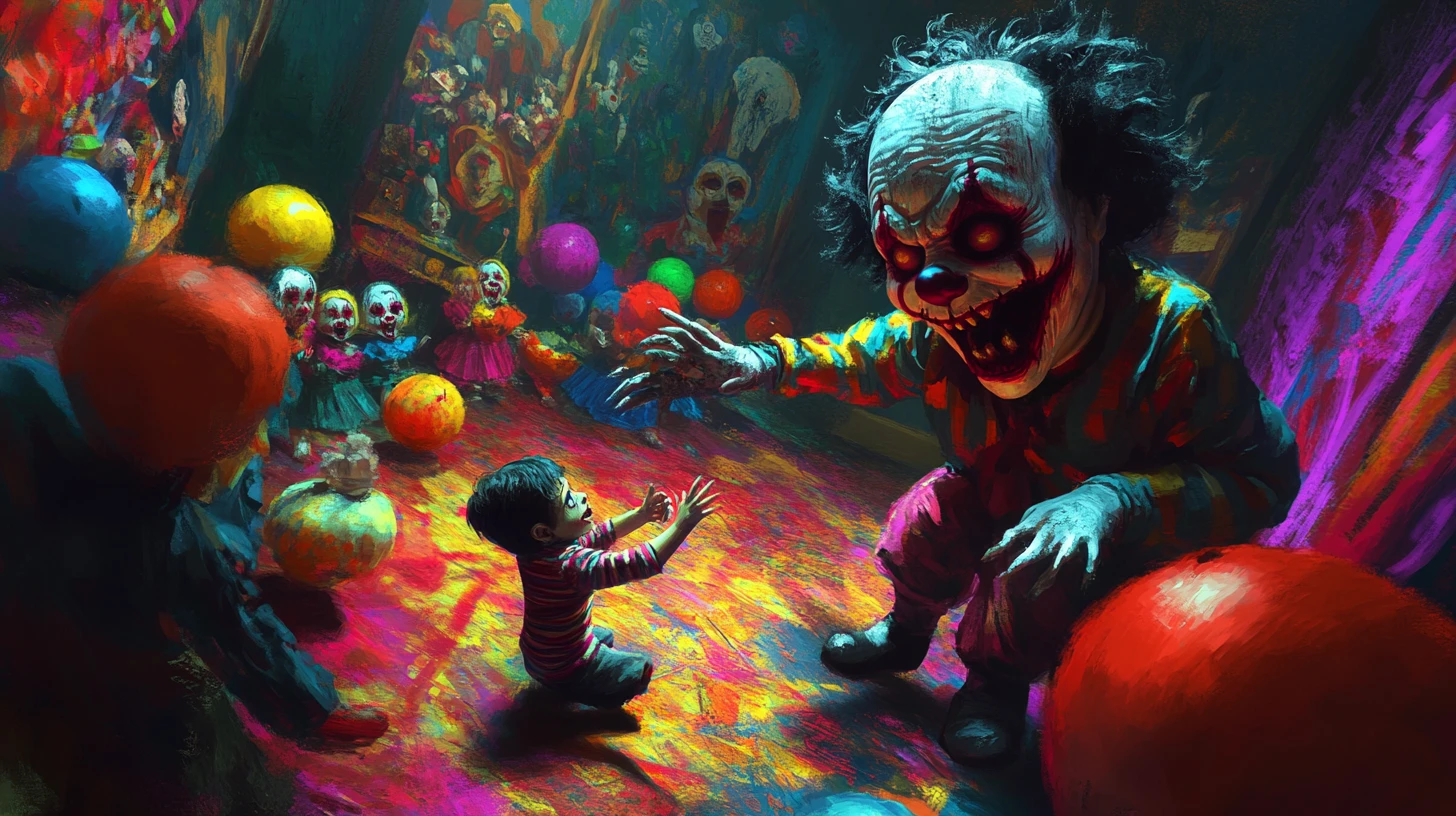 Kind spielt zwischen Clownpuppen in einer barocken Horrorszene