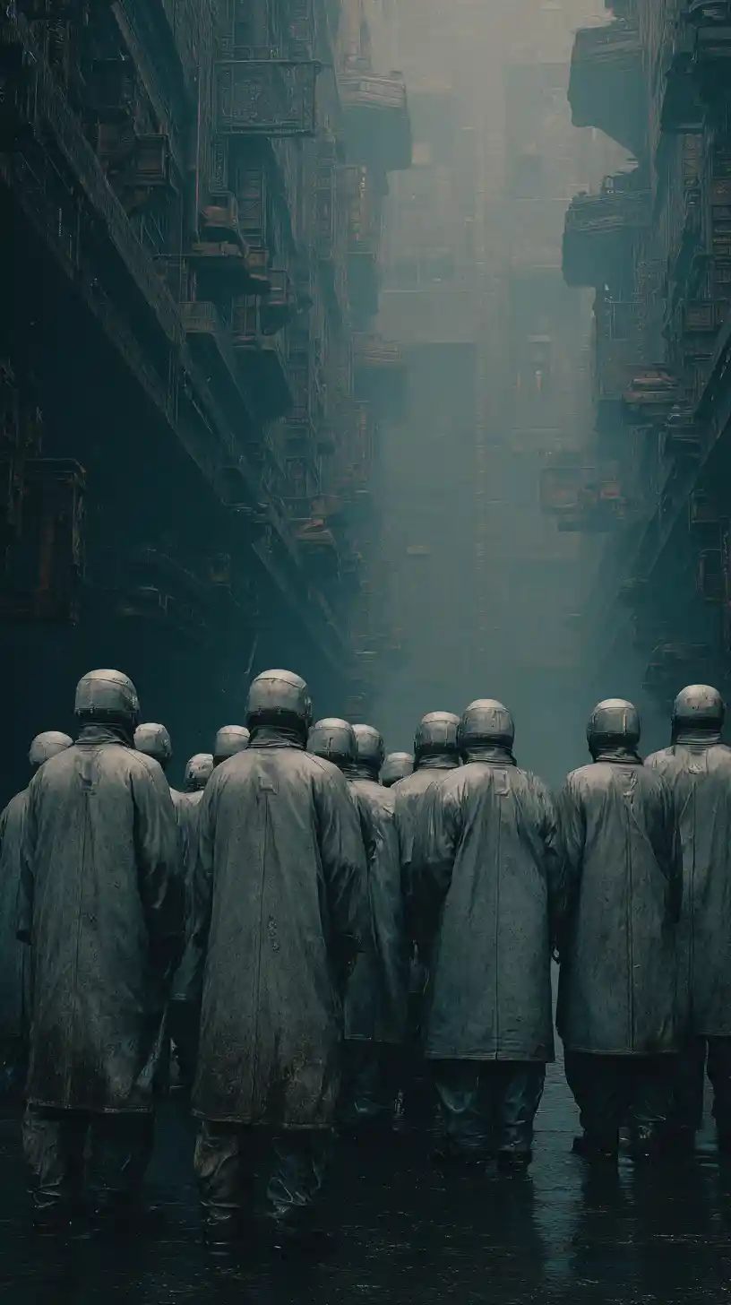 Gruppo di figure ridotte in schiavitù in un cupo scenario sci‑fi industriale