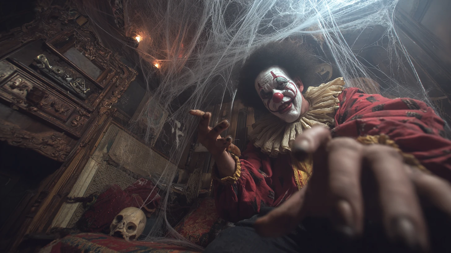Terrifying Evil Clown Lurking In A Cobwebbed Haunted Room