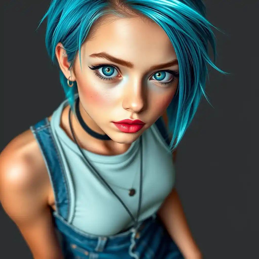 Young punk girl in tank top and jeans full body pose