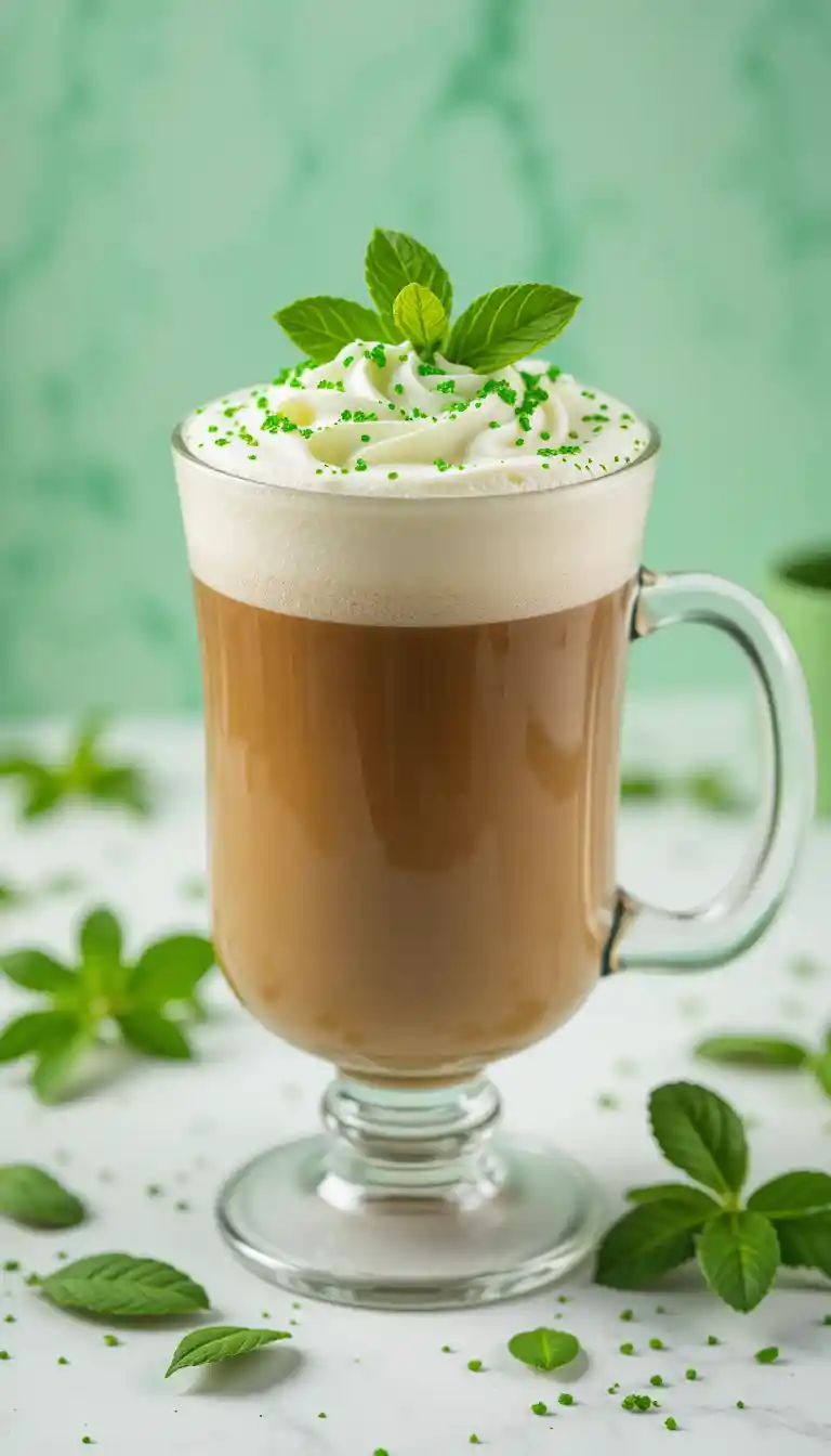 Primo piano di bicchiere di caffè irlandese con topping di panna montata alla menta
