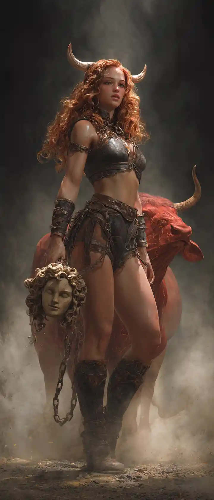Demonic female minotaur on a burning battlefield