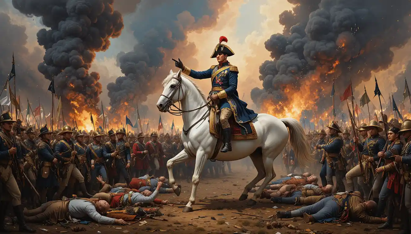 Napoleon führt einen Angriff zu Pferd über ein brennendes Schlachtfeld an