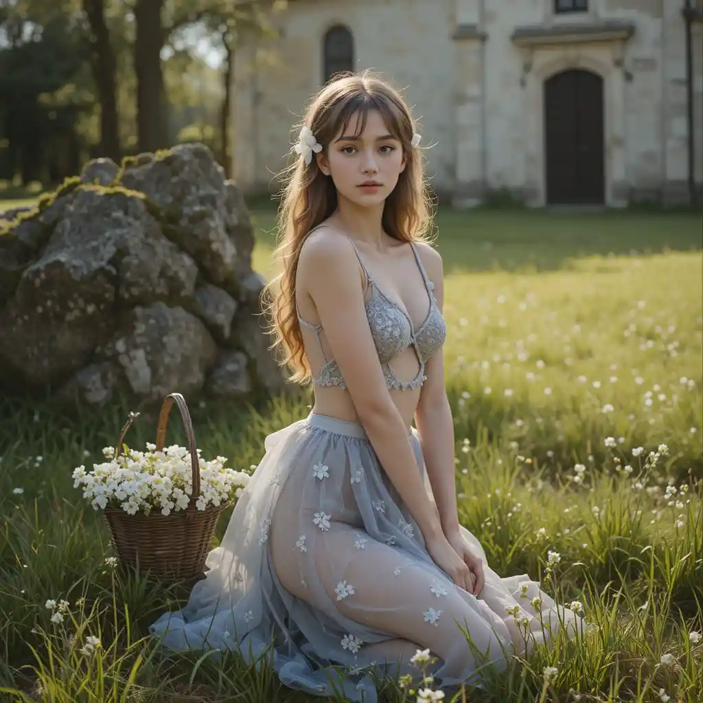 Young woman in sheer blue dress in sunlit meadow