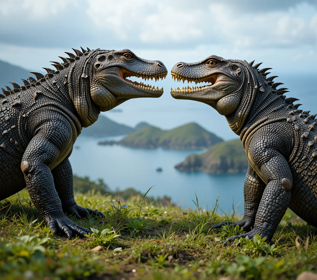 Two komodo dragons fighting on a grassy coastal hill