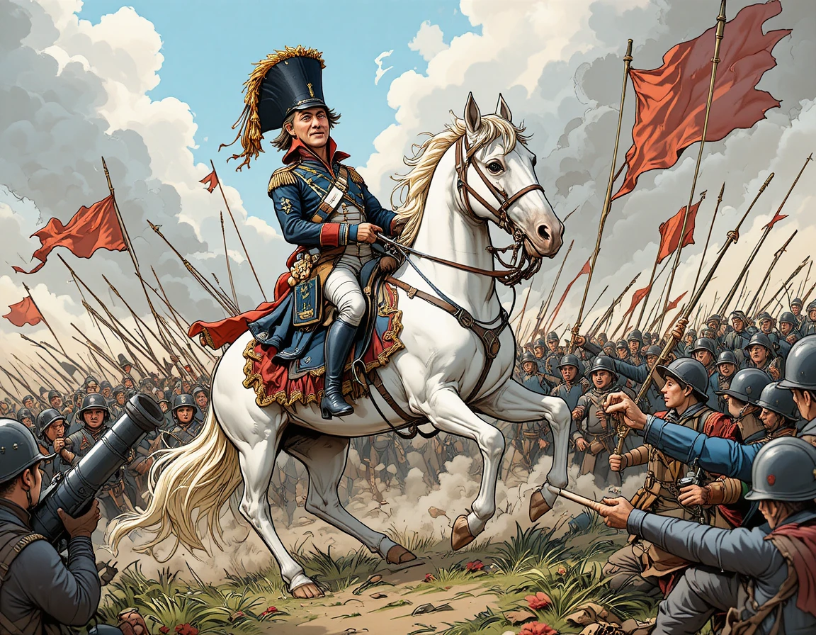 Napoleone su un cavallo da guerra bianco che guida le truppe sul campo di battaglia