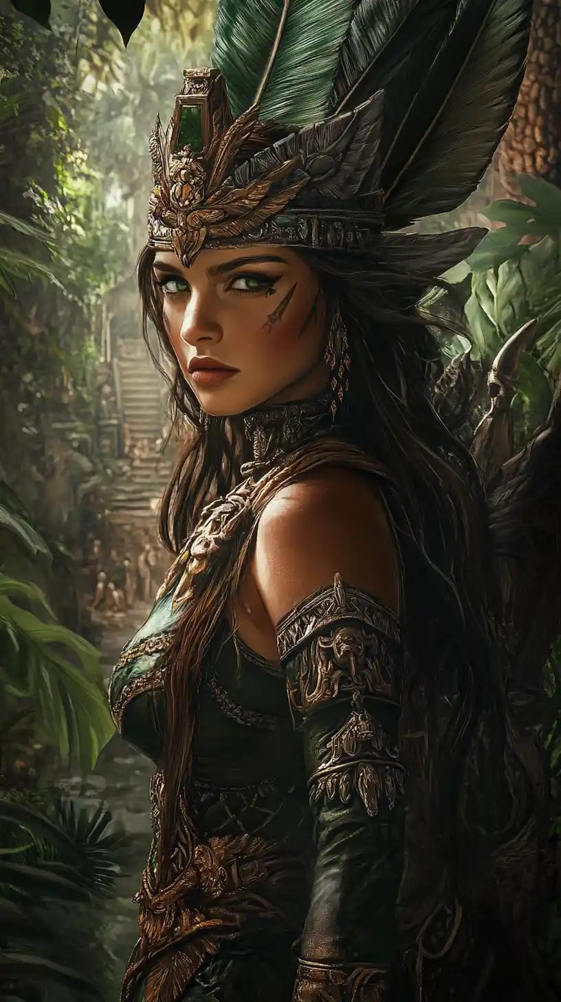 Amazonian warrior queen before a hidden jungle temple