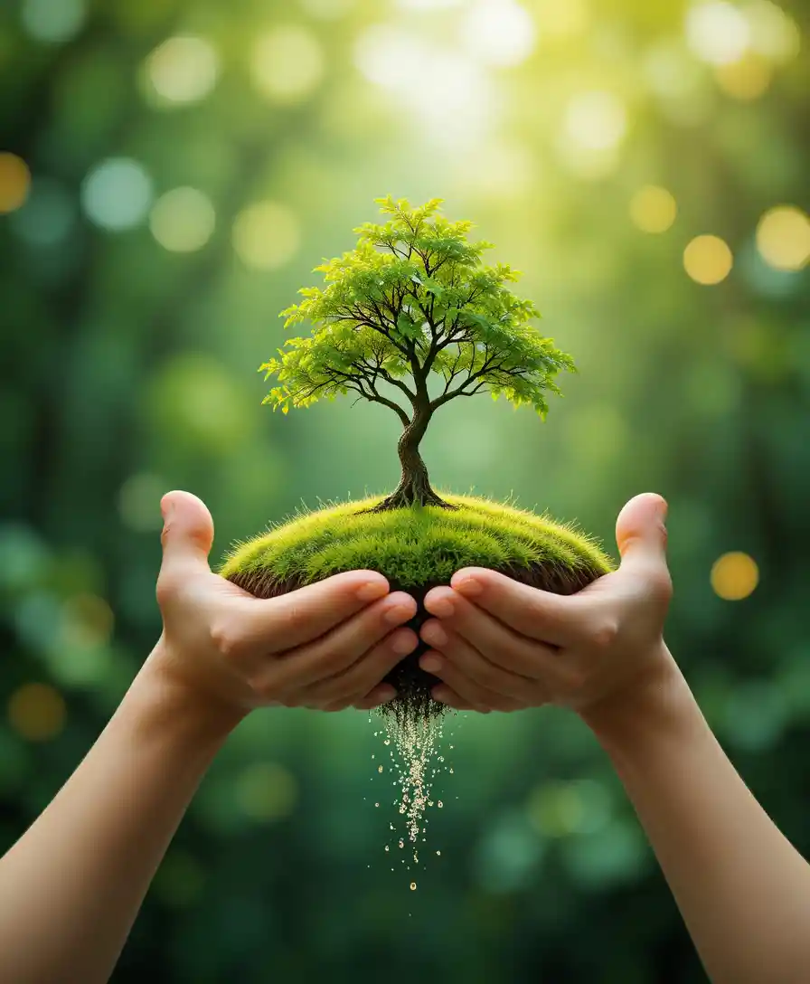 Mani che sorreggono una piccola isola verde con un giovane albero
