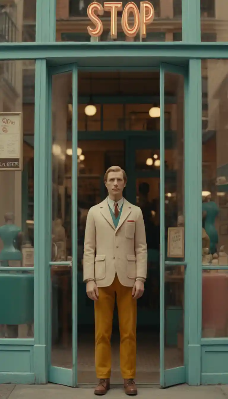 Clay man standing before a barbershop on a busy city street