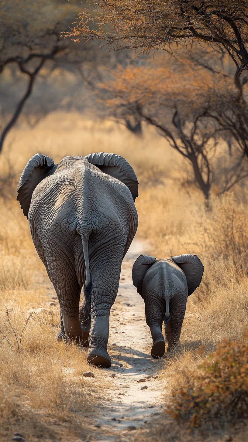 Elefante adulto che cammina con il cucciolo su un sentiero secco di savana