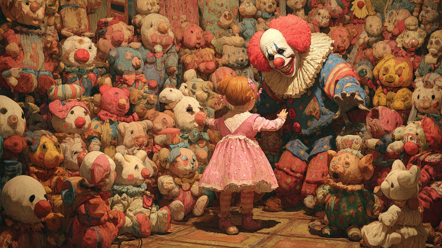 Kleines Kind, umgeben von Clownpuppen in einem barocken Zimmer