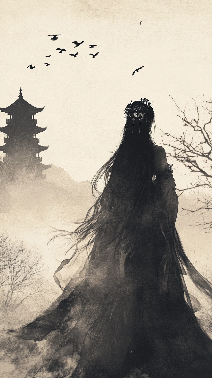 Nobre mulher de hanfu entre montanhas enevoadas em estilo nanquim