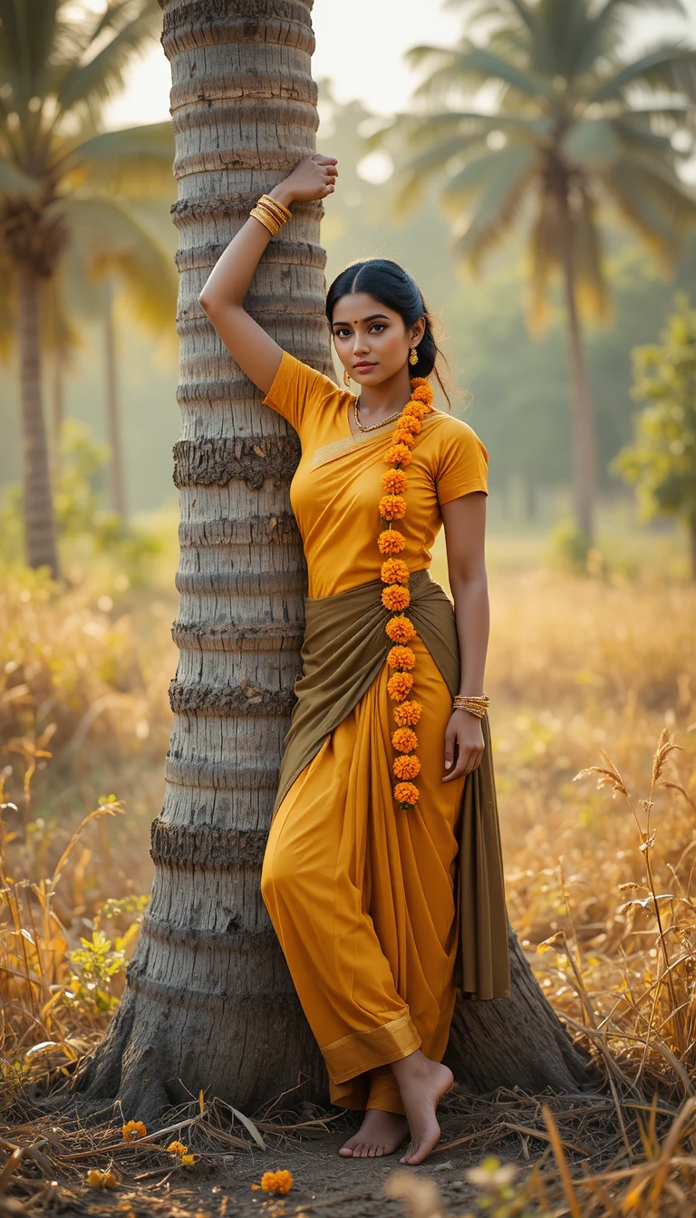 Jeune fille d'Inde du Sud appuyée contre un palmier au coucher du soleil