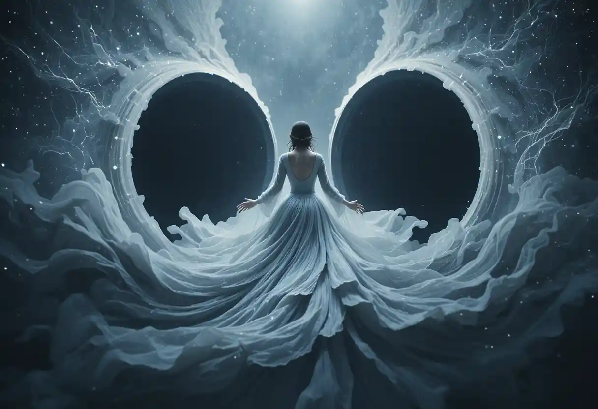 Ethereal woman drifting toward cosmic voids in darkness