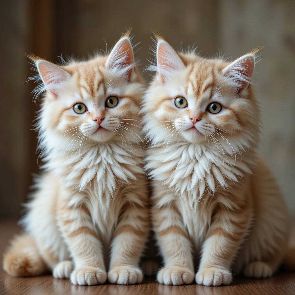 카메라를 향해 함께 앉아 있는 똑같이 fluffy 한 고양이 두 마리