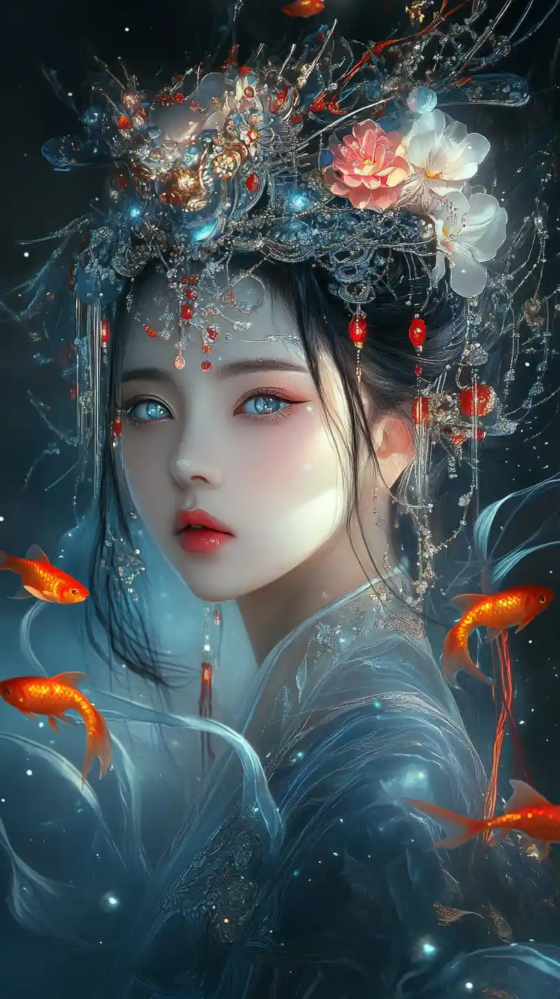 Fantasy woman in ornate Chinese opera headdress with koi