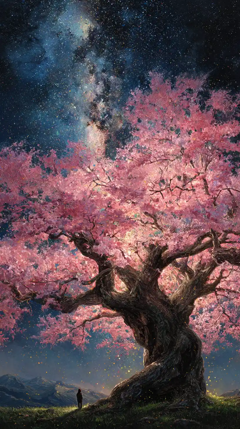 Ancient Blossom Tree Rising Toward A Star Filled Sky
