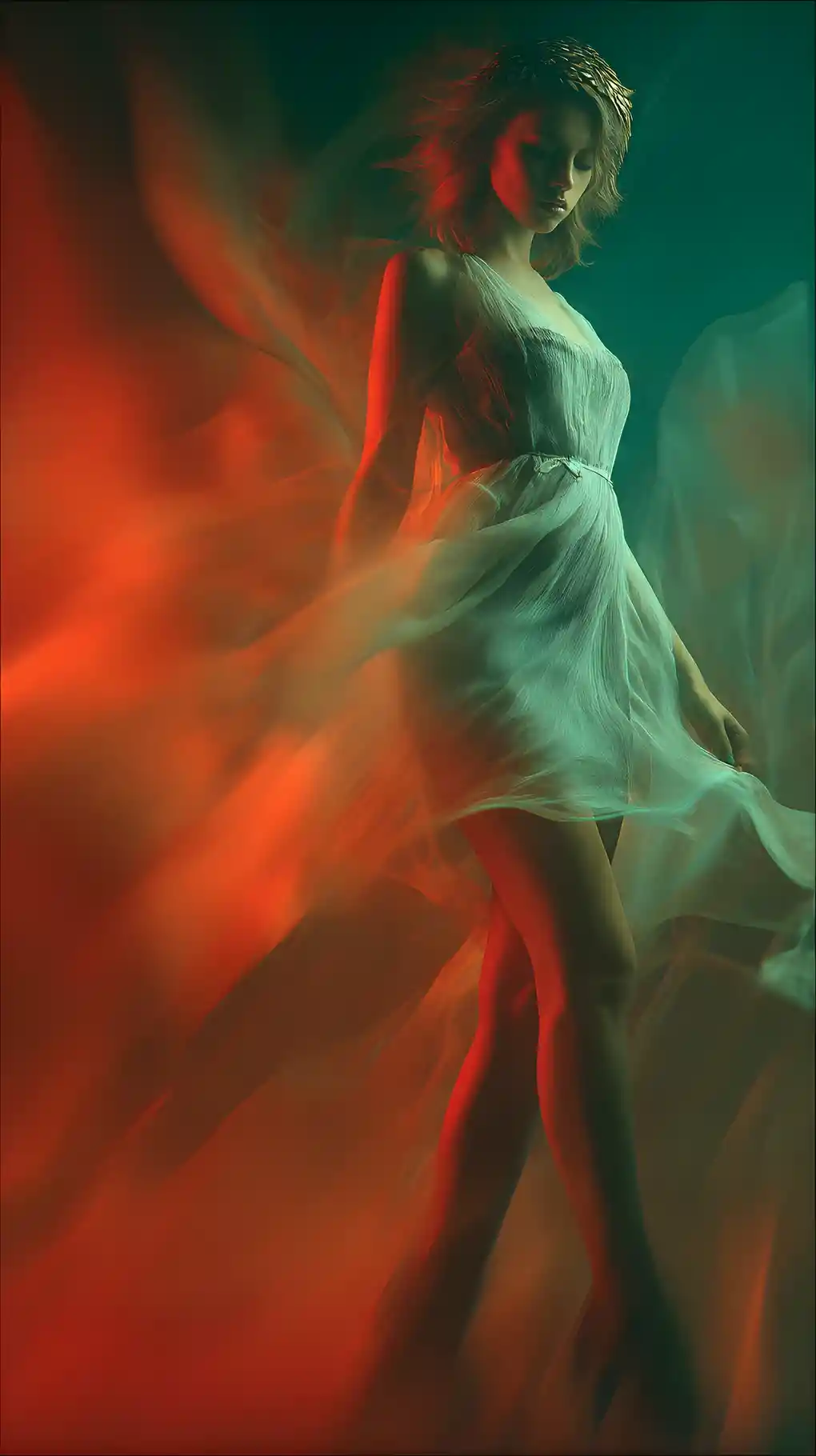 Tall fantasy woman with eagle head running in linen