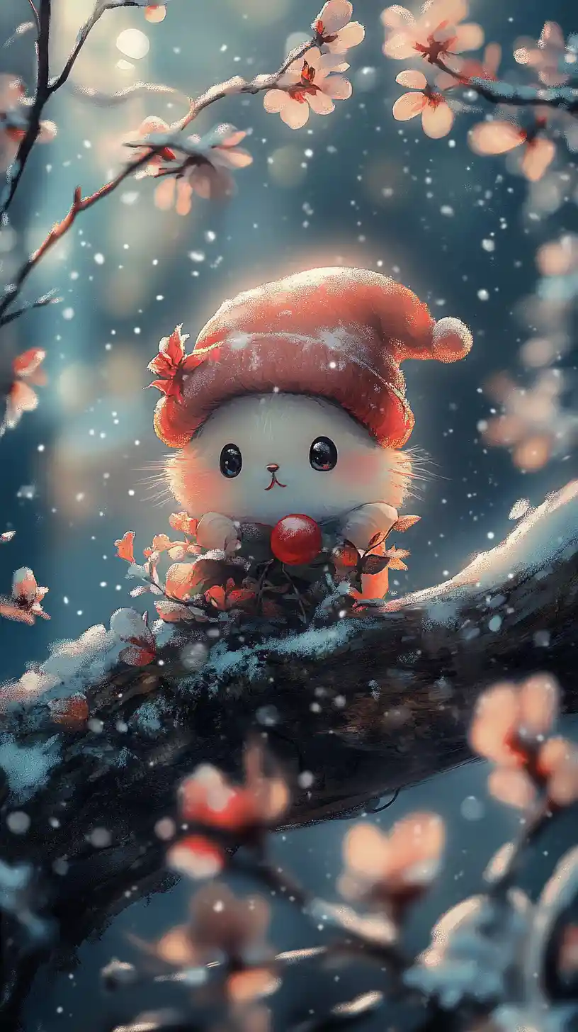 Dolce Poster Chibi con Fiore Invernale e Scena di Strada Illuminata dal Sole