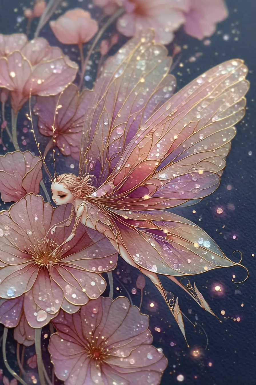 Watercolor butterfly girl dancing among spring flowers