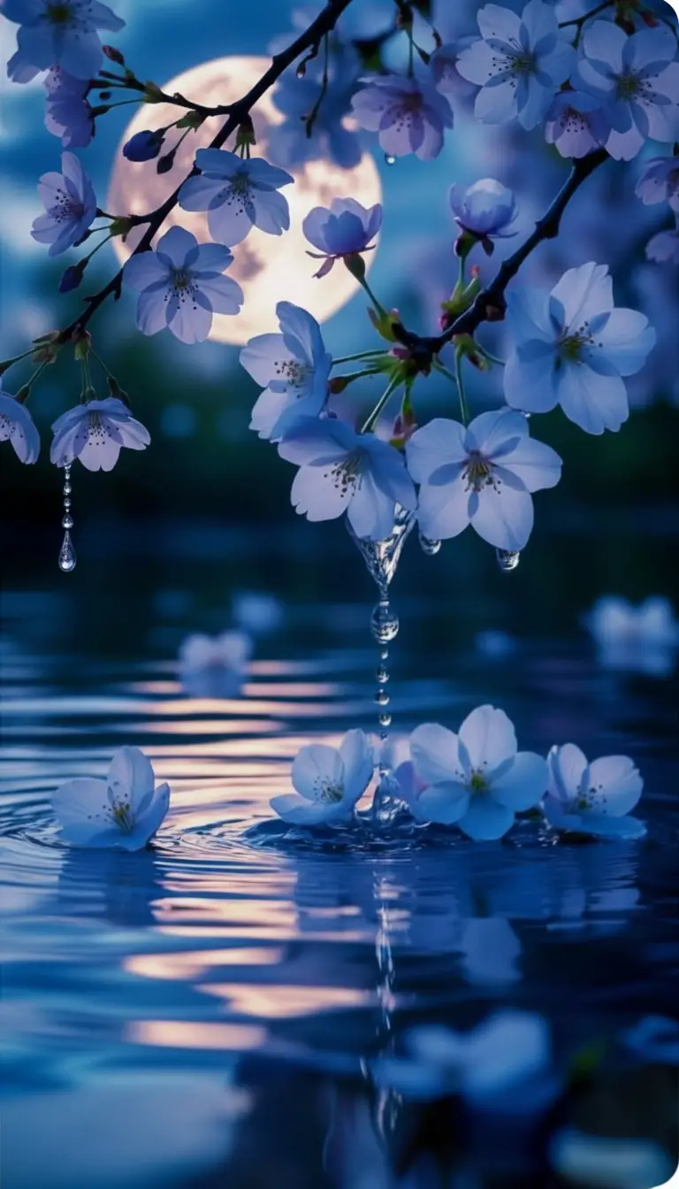 Moonlit lake with sakura branches and tranquil reflections