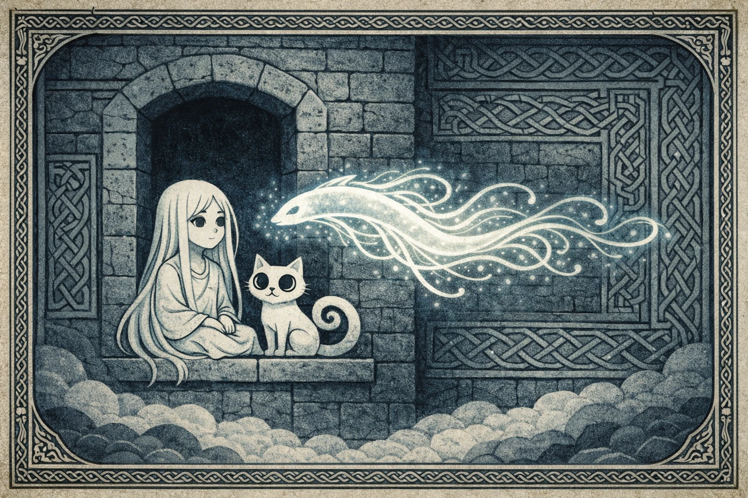 Fille mystique et chat à la fenêtre lumineuse d’une tour de pierre