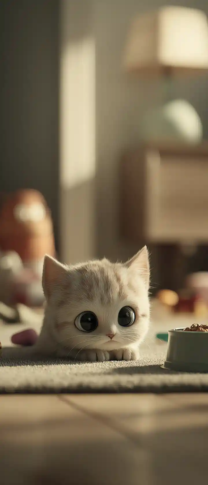 Gatito de anime triste tumbado en la alfombra junto a un cuenco de comida vacío